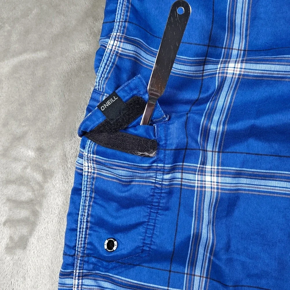 Vintage Oneill Board Shorts Men 30 Plaid Cargo Swim Trunks Surf Embroidered Y2K